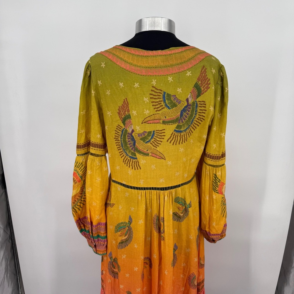 Farm Rio Yellow Ombre Bird Print Metallic Lurex Maxi Dress Womens Medium Boho - Picture 10 of 16